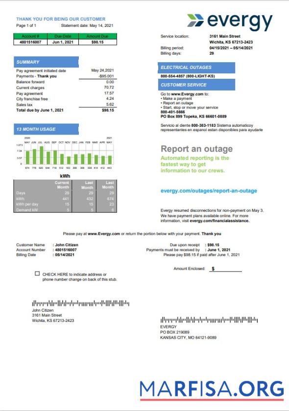 Realistic USA Missouri Evergy electricity utility bill template in .doc and .pdf format